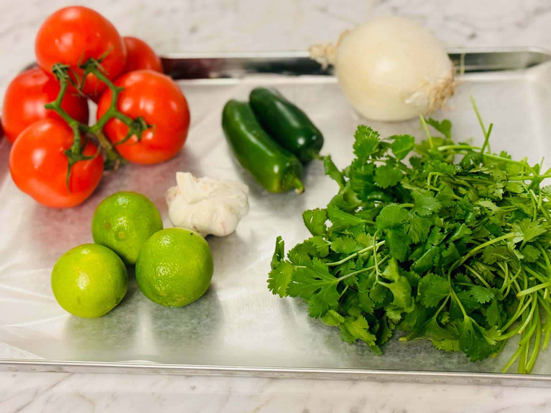 Tomatoes, limes, garlic, cilantro, onion, and jalapeno