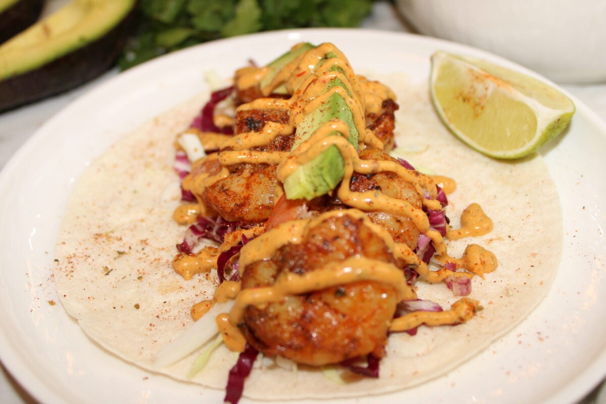 cajun shrimp taco with chipotle mayo and avocado